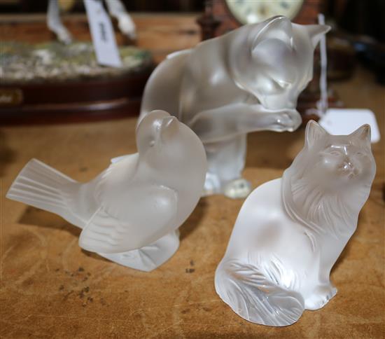 Lalique bird and 2 cats